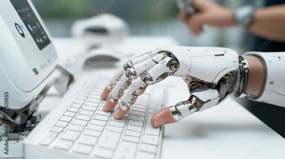 Aufkleber a robotic hand typing on a keyboard, showcasing advancements in technology and human-robot interacti