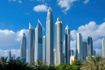 Naklejka premium Skyline of Modern Skyscrapers in Dubai Under a Bright Blue Sky With Fluffy Clouds