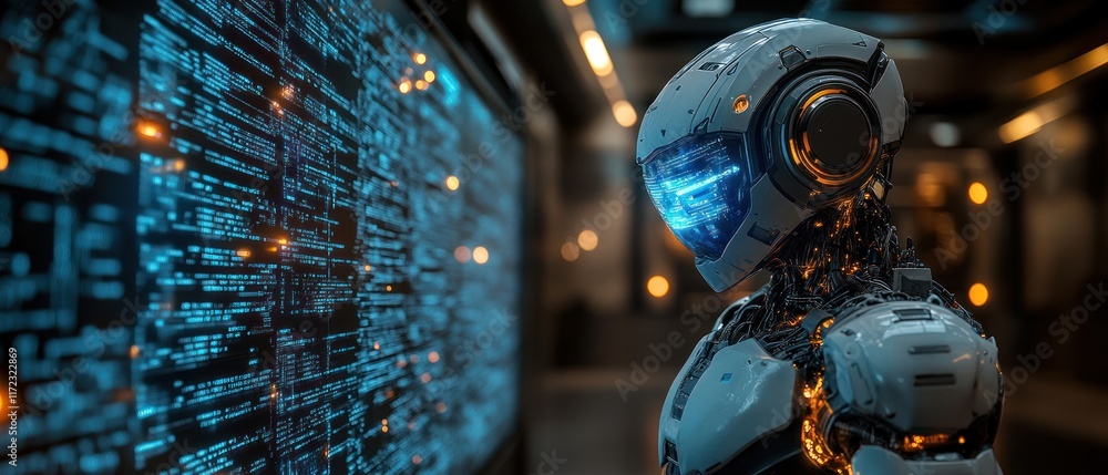 Poster futuristic robot analyzing digital data in a high-tech environment