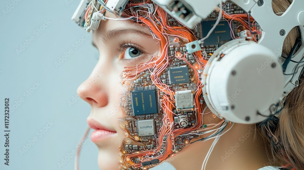 Poster a futuristic portrait of a humanoid with a partially mechanical face, showcasing intricate circuits 