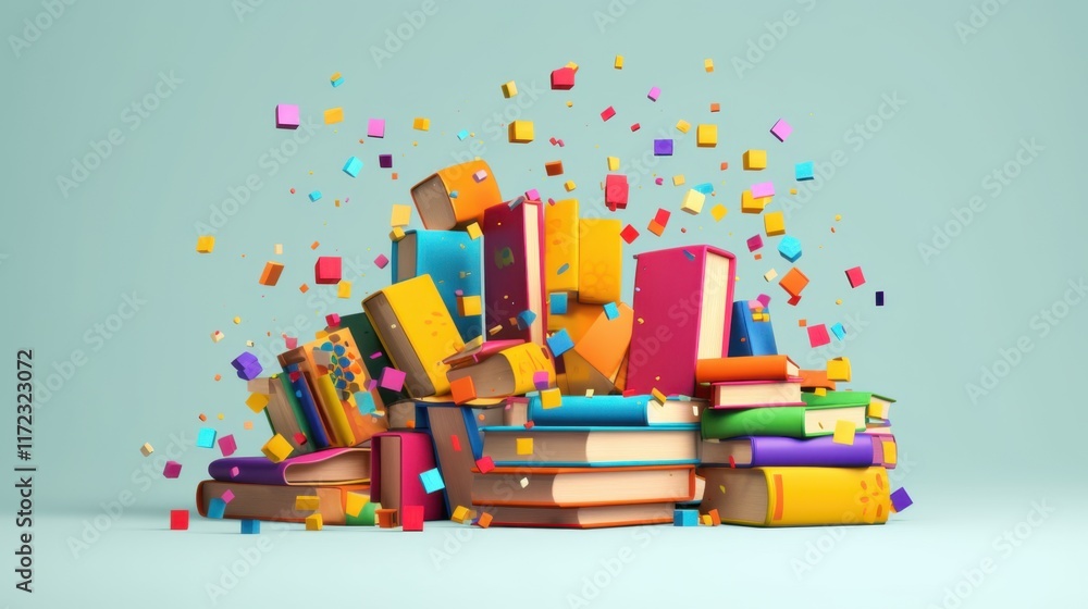 Aufkleber a colorful explosion of knowledge: vibrant stack of books and exploding cubes