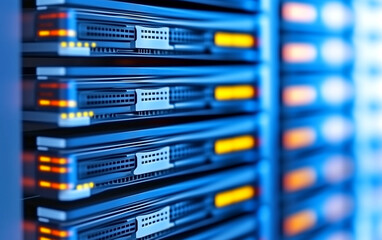 A row of servers with yellow lights on them