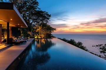 Luxurious Villa With Infinity Pool Overlooking Ocean at Sunset in a Tropical Paradise