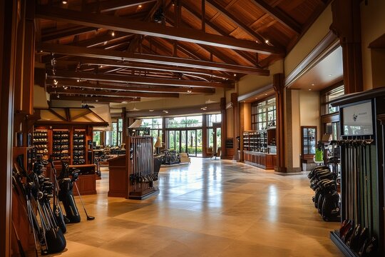 Golf Pro Shop Interior Showcasing a Wide Selection of Equipment and Merchandise in a Modern, Spacious Setting