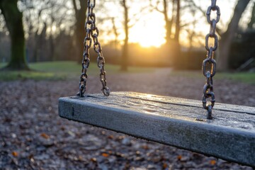 Empty wooden swing in a park with golden sunlight