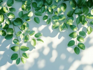 Lush green leaves and branches casting shadows on a light blue background.