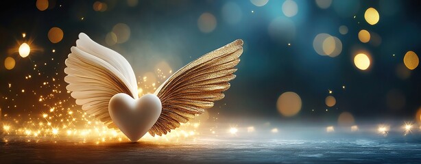 Fototapeta premium An artistic depiction of golden wings spreading from a glowing heart, symbolizing hope and dreams taking flight,