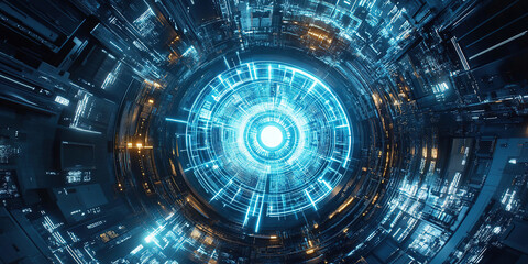 Fototapeta premium Powerful Glowing Motor: Centerpiece of High-Tech Blue Mechanical Stage. Dual Light Effects with Scanning Neon Blue Beam Rising from Center. 32K AI-Generated Abstract Background for Tech Marketing with