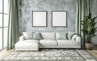Modern living room interior design,  sofa,  rug,  wall,  plants,  window, for home decor websites.