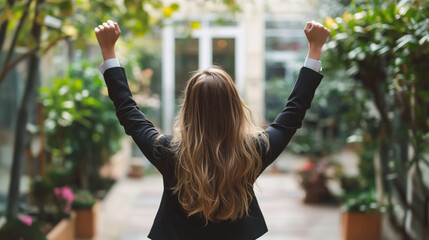 happy businesswoman with arms outstretched outdoors urban city celebrating winning successful victory nature garden city town urban setting