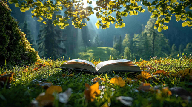 Open book on grass, autumn forest, sunlit valley background, reading concept