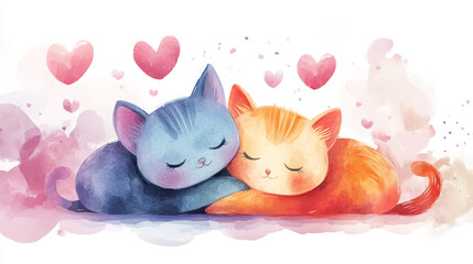 charming watercolor illustration of two cats cuddling with hearts, evoking warmth and affection