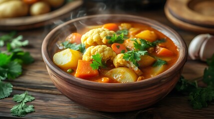 A vibrant vegetable curry with golden potatoes, orange cauliflower florets, and rich tomato sauce, garnished with fresh cilantro, served in a rustic terracotta bowl, exuding warmth and comfort