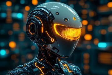 Fototapeta premium Humanoid robot with orange glowing face in a futuristic sci-fi setting