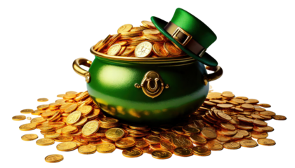 Pot with golden coins with st patrick day hat isolated on white background 