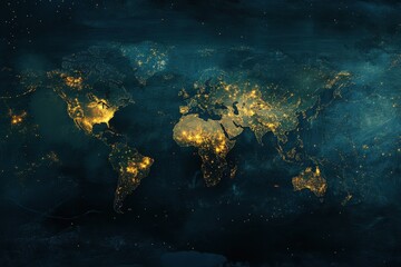 Obraz premium Global Illumination Captured From Space Reveals Interconnected Cities and Regions at Night Showcasing Urban Development and Population Density