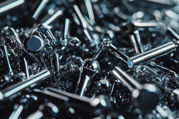 Metal Parts Scattered in a Workshop, Reflecting Light and Showcasing Varied Textures and Shapes During Production