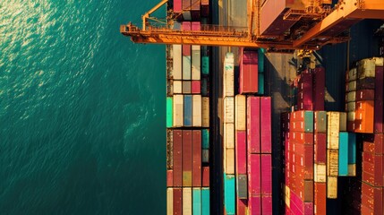 Container being lifted at shipping port front view Cargo handling efficiency, Analogous Color Scheme