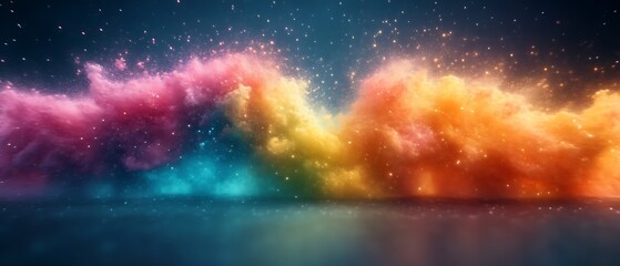 Colorful smoke clouds with sparkling particles on dark background.