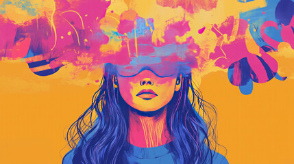 Naklejka premium woman wearing eye protection graffiti covered face foggy background cloudy head brain fog loneliness anxiety pensive mental health awareness psychology psychiatry mindfulness 