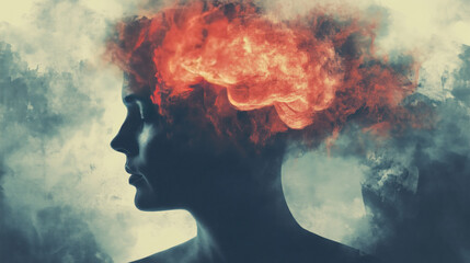 person with mind on fire woman foggy background cloudy head brain fog loneliness anxiety pensive mental health awareness psychology psychiatry mindfulness abstract