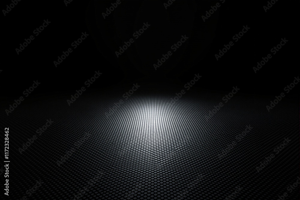 Poster illuminated metallic grid surface with a spotlight effect in a dark background, showing futuristic a
