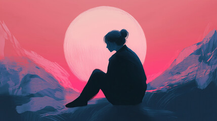 silhouette of a person in the sunset woman sitting alone in front of nature backdrop pink fuchsia blue sun moon sky