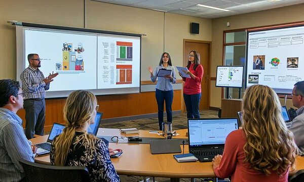 Team meeting with presentations and discussions in a conference room setting.