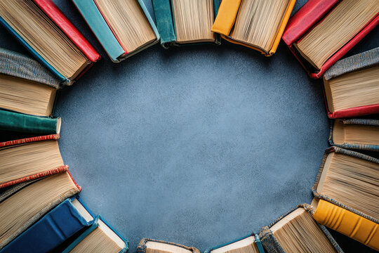 Circle of books on a wooden floor, each one opened to different pages, under warm lighting.
