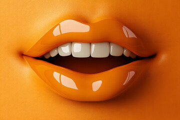 Naklejka premium Glossy Orange Lips with Sensual Expression on Textured Background
