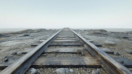 A railway track stretches into the distance, surrounded by a barren landscape.