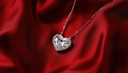 Fototapeta premium Elegant Heart Shaped Diamond Pendant Necklace On Red Fabric