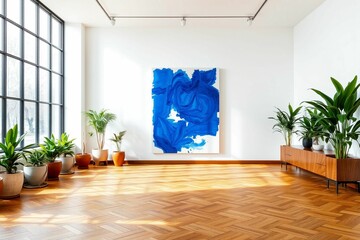 Minimalist Room with Abstract Blue Painting and Natural Light.generative AI
