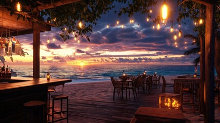 Tropical beach bar at sunset with tiki torches and ocean views 