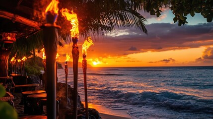 Tropical beach bar at sunset with tiki torches and ocean views 