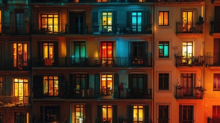 Nighttime view of apartment buildings with illuminated windows in various colors.