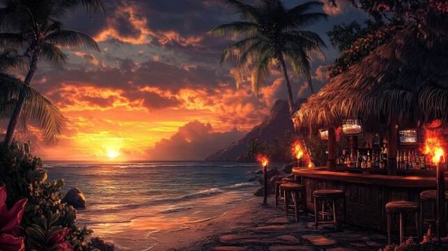 Tropical beach bar at sunset with tiki torches and ocean views 