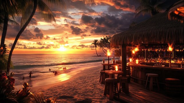 Tropical beach bar at sunset with tiki torches and ocean views 