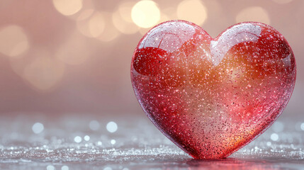 Obraz premium Glittering red heart on sparkling surface with bokeh background