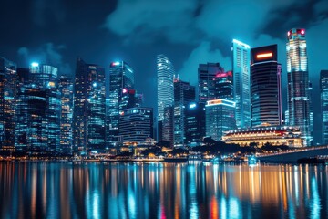 Obraz premium Stunning City Skyline Illuminated at Night With Reflections on Water in Singapore's Central Business District