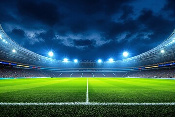 Brightly lit football stadium with lush green grass under a moody night sky, showcasing a lively sports atmosphere and vibrant lighting. Ai generative