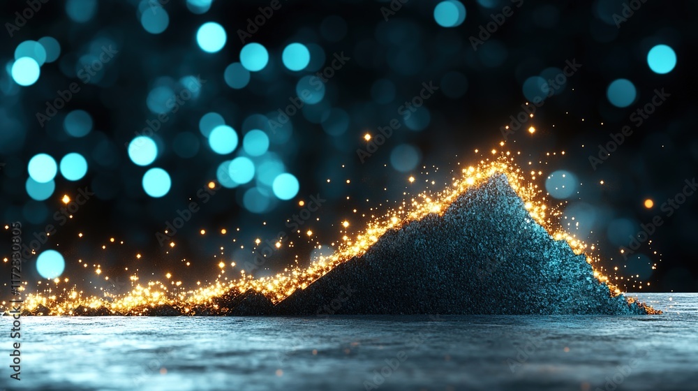 Poster sparkling particles creating wave formation on dark background