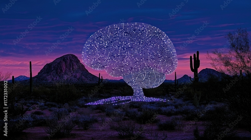 Poster exploring the digital brain interface concept a futuristic glowing standard in the desert landscape