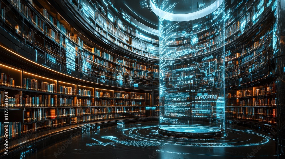 Poster Exploring the future of knowledge a futuristic library with holographic books and ai standards in a digital environment