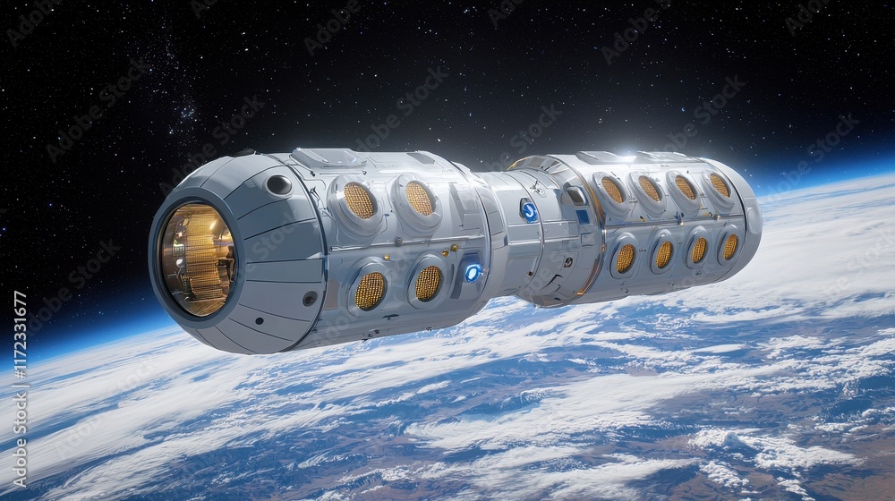 Poster Exploring advanced technologies and sustainable living on a futuristic space station orbiting earth in a high-tech environment from a cosmic perspective