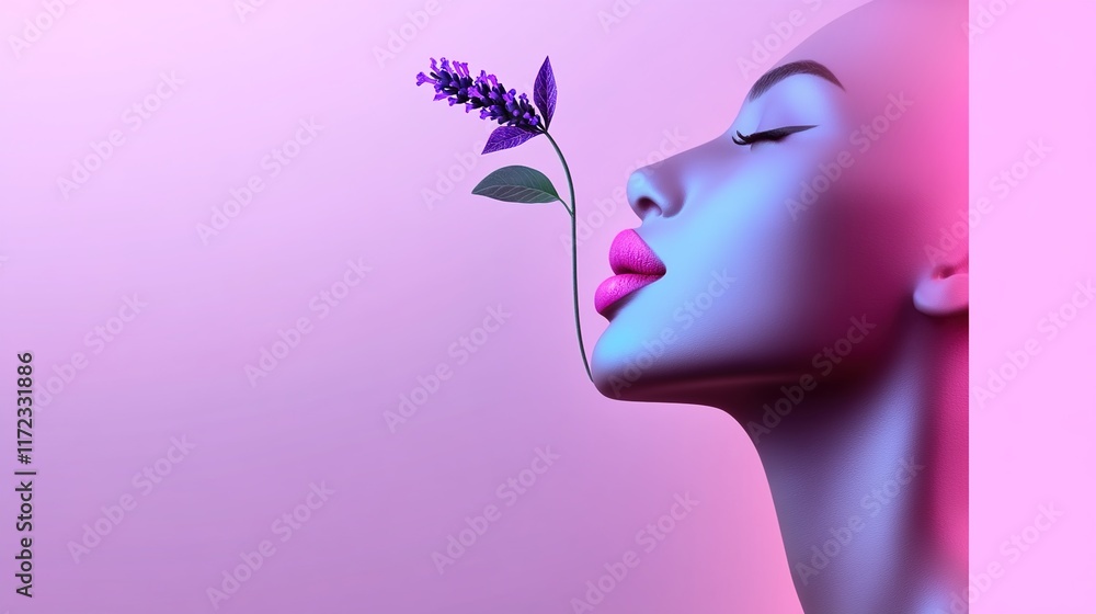 Poster elegant model with flower against gradient background in soft colors