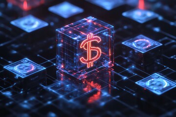 A futuristic financial system depiction, showing a digital dollar symbol inside a transparent block, with additional blocks representing decentralized nodes.