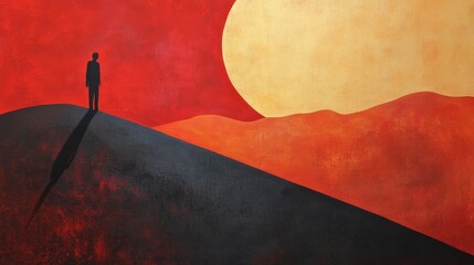A silhouette stands on a hill against a vibrant sunset, evoking contemplation and solitude.