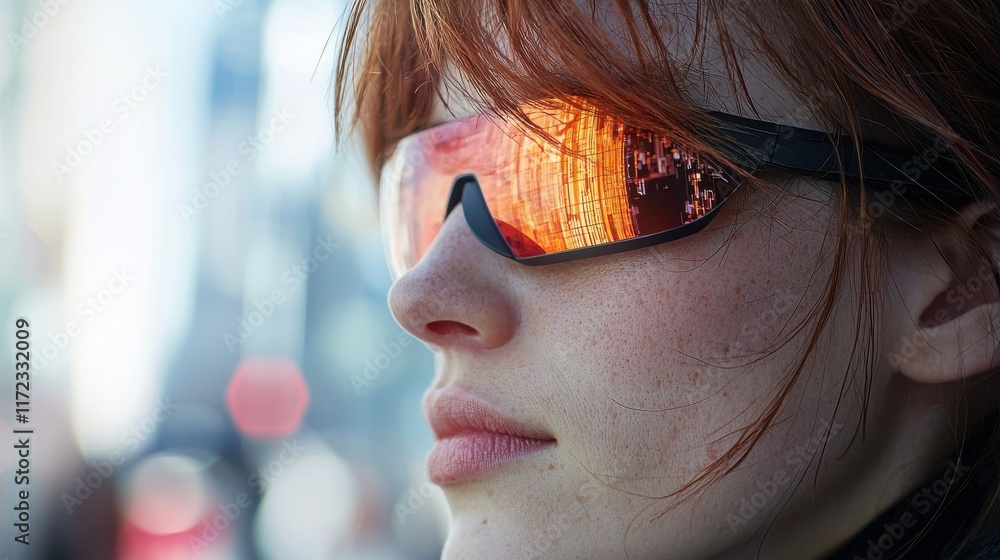 Poster revolutionizing interaction high-tech wearable devices showcasing augmented reality standards in urb