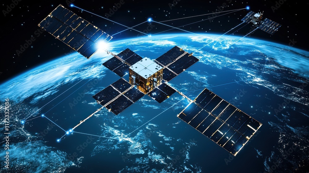 Poster global satellite network connecting earth with standardized data technology space infographic high-t